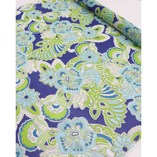 Tecido Crepe Chiffon Floral e Pontilhados Azul e Verde