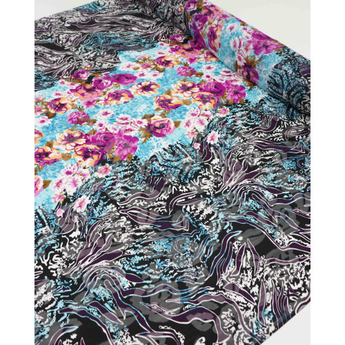 Tecido Crepe Chiffon Brocado Barrado Floral Azul e Roxo