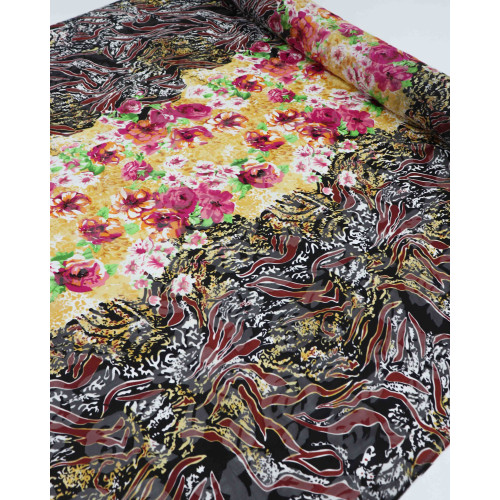 Tecido Crepe Chiffon Brocado Barrado e Floral Terracota e Rosa (0.6m)