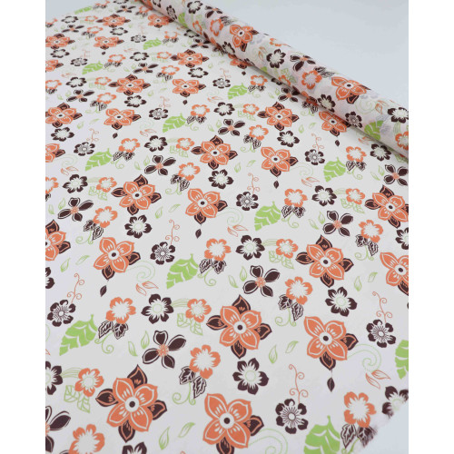 Tecido Crepe Chiffon Floral Laranja, Marrom, Verde e Offwhite