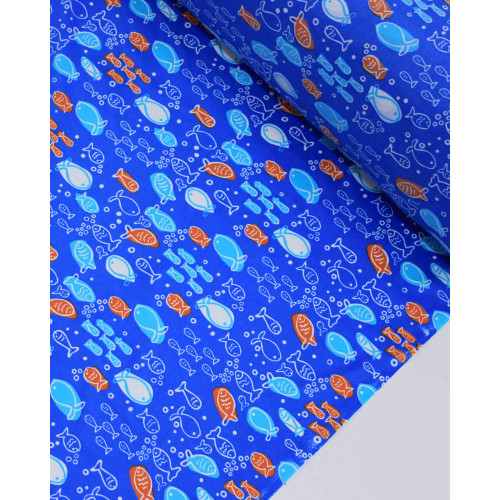 Tecido Tactel Fino Peixes em Rascunho branco, Laranja e Tons de Azul