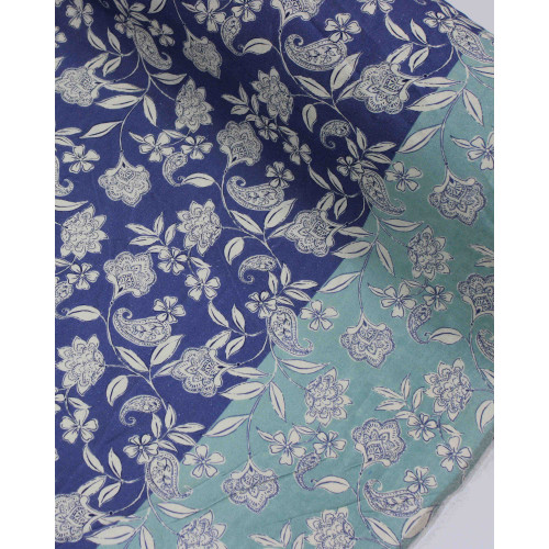 Tecido Linho Misto Rústico Premium Barrado Ramos em Cashmere Verde Água e Azul