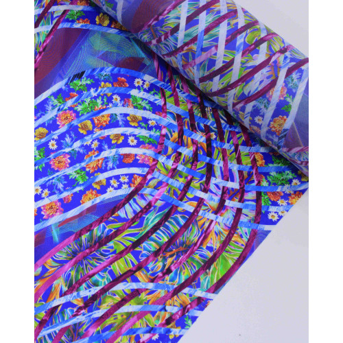 Tecido Tactel Fino Listras Ondulares Estampadas Rosa e Tons de Azul