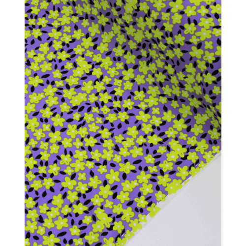 Tecido Viscose Tapete Floral Amarelo, Preto e Lilás