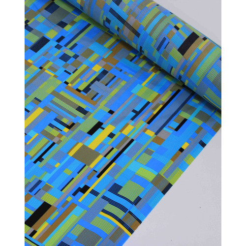 Tecido Tactel Fino Formas Geométricas Abstratas Amarelo e Tons de Azul