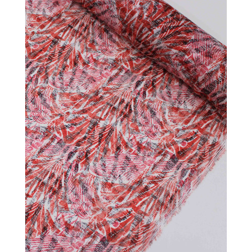 Tecido Crepe Chiffon Brocado Listras e Folhagens Abstratas Preto, Vermelho e Branco