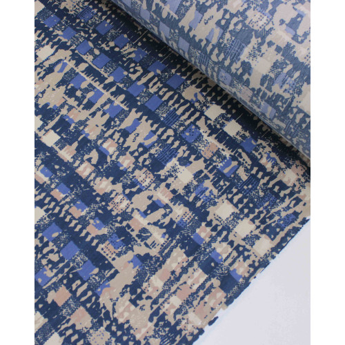 Tecido Sarja com Elastano Arte Abstrata Bege e Tons de Azul