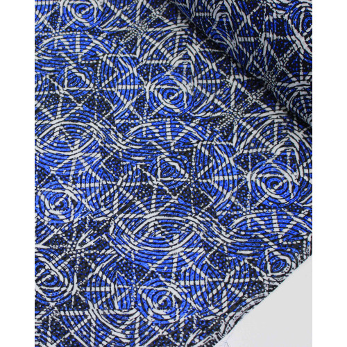 Tecido Crepe Chiffon Italiano Brocado Expirais e Linhas Abstratas Offwhite e Tons de Azul