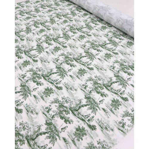 Tecido Viscose Premium Toile de Jouy Verde e Offwhite