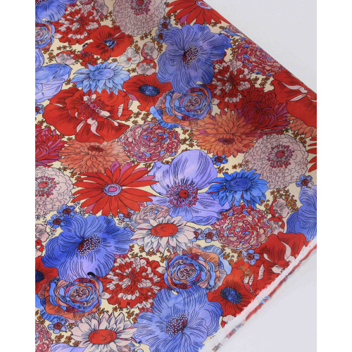 Tecido Crepe Silk Fino Italiano Campo de Flores Azul, Vermelho e Creme