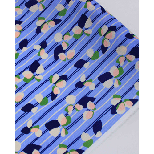 Tecido Cambraia de Algodão Italiano Texturizado Listras e Folhas Abstratas Tons de Azul