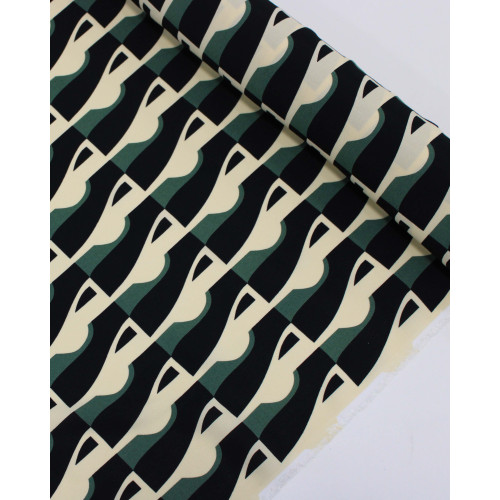 Tecido Crepe de Viscose Italiano Listrado Abstrato Preto, Verde e Creme