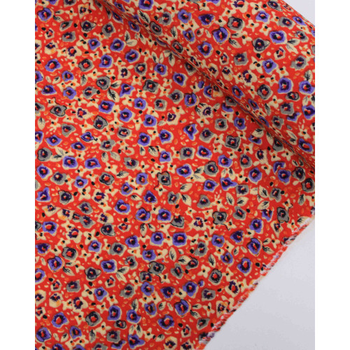 Tecido Crepe de Viscose Italiano Micro Tapete Floral Roxo, Creme e Vermelho