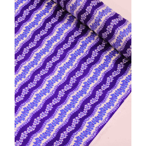 Tecido Crepe Silk Italiano Listras Florais Onduladas Branco, Azul e Roxo