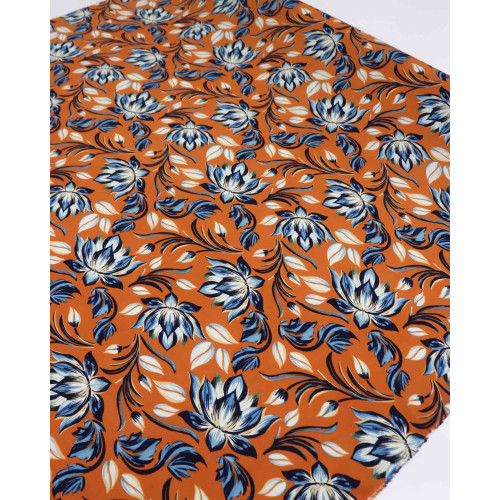 Tecido Viscose Macro Flor de Lótus Azul Marinho e Laranja (1.6m)