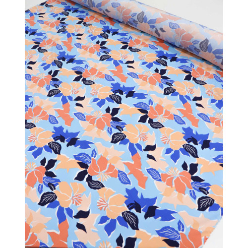 Tecido Viscose Folhas de Outono Salmão e Azul (0.7m)
