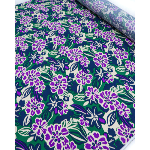 Tecido Viscose Pintura Floral Azul, Verde e Roxo