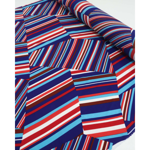 Tecido Crepe Bubble Listrado em Recortes Vermelho e Azul