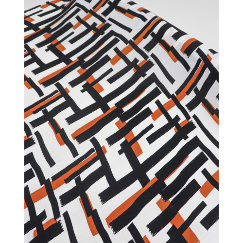 Tecido Crepe Koshibo Labirinto Abstrato Preto, Terracota e Offwhite