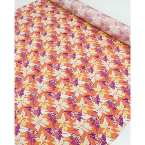 Tecido Viscose Flores Roxo e Coral
