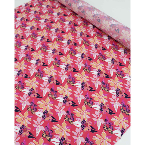 Tecido Viscose Floral Bege, Lilás e Rosa