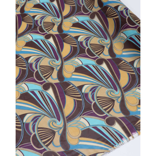 Tecido Crepe Chiffon Desenho Abstrato Bege Marrom e Roxo