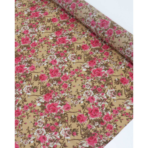 Tecido Crepe Chiffon Macro Rosas e Bege