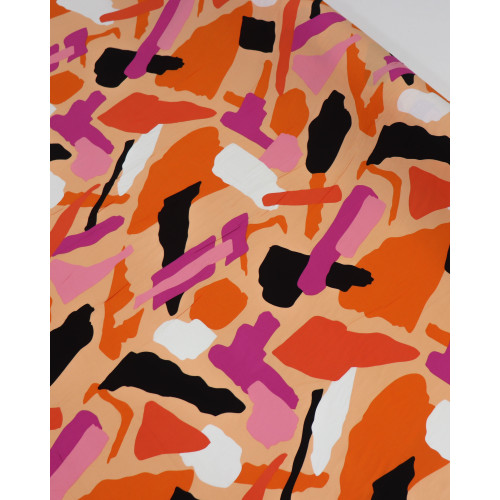 Tecido Viscose Pintura Abstrata Laranja e Rosa