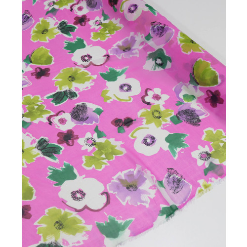 Tecido Crepe Chiffon Flores Abstratas Rosa