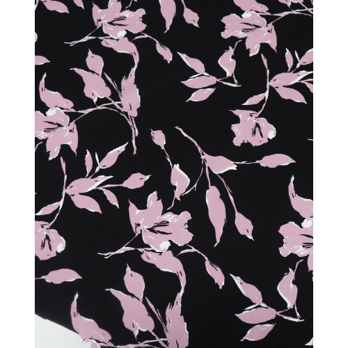 Tecido Tricoline Italiana Flores Rosa Claro e Preto