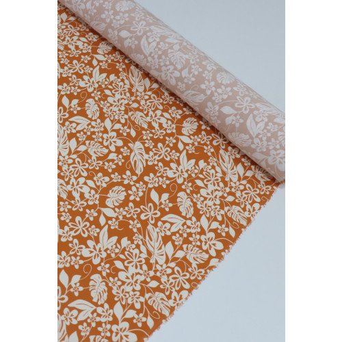 Tecido Viscose Premium Tapete Floral Creme e Laranja