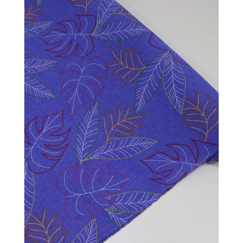 Tecido Crepe Koshibo Folhados em Bordado Digital Azul Bic