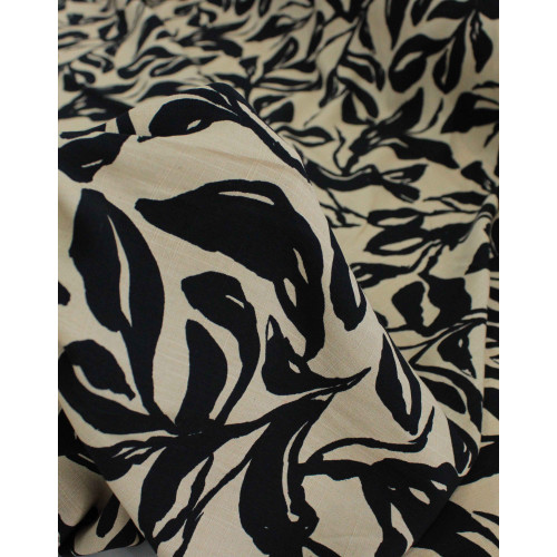 Tecido Viscose Texturizada Folhas Abstratas Preto e Bege