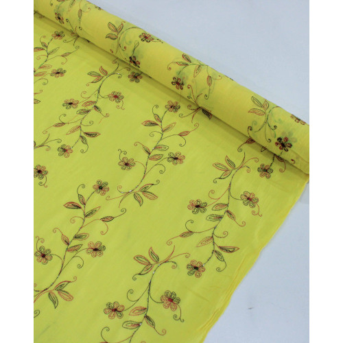 Tecido Crepe de Algodão Bordado Floral Amarelo