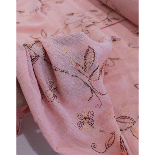 Tecido Crepe de Algodão Bordado Floral Rosé