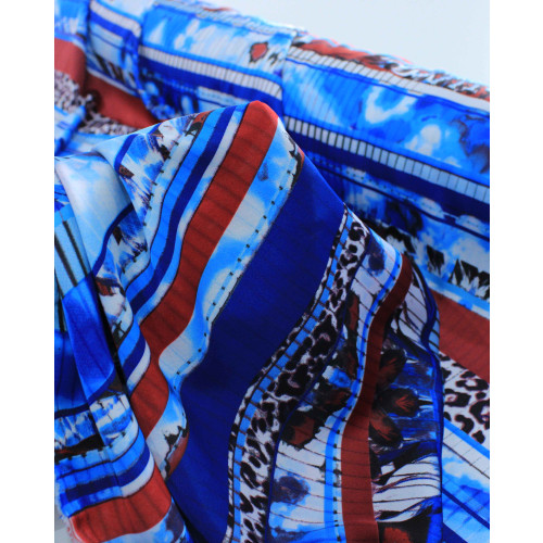 Tecido Crepe Silk Animal Print e Geométrico Azul e Marsala