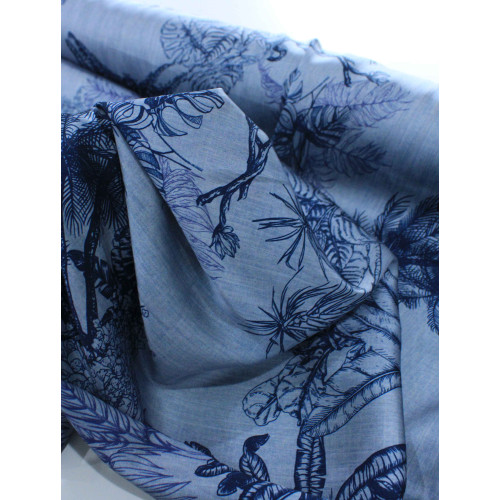 Tecido Crepe Silk Italiano Folhagens Cinza e Azul