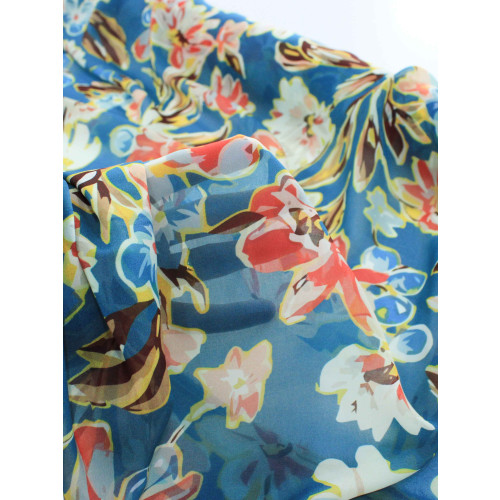 Tecido Crepe Chiffon Italiano Flores Coloridas e Azul Petróleo