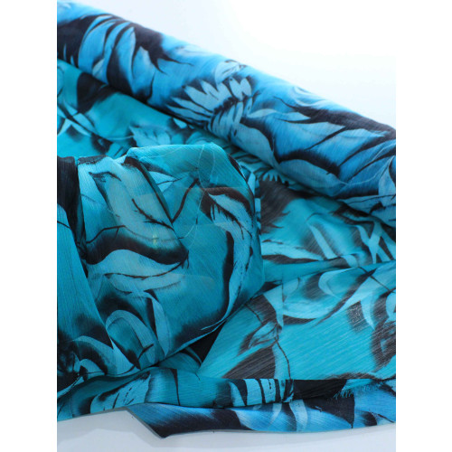 Tecido Crepe Chiffon Texturizado Italiano Folhagens Verde Tiffany e Preto