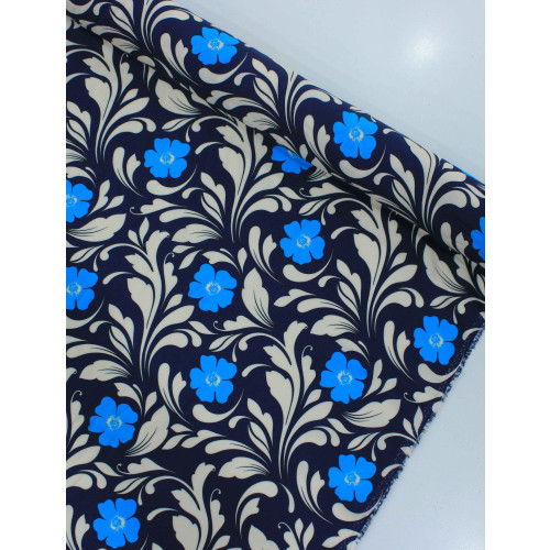 Tecido Viscose Italiano Floral Bege e Azul Marinho