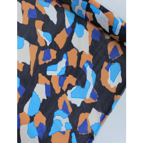 Tecido Crepe Chiffon Italiano Desenho Abstrato Tons de Azul e Argila