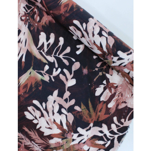 Tecido Crepe Salinas Italiano Flores Abstratas Tons Terrosos