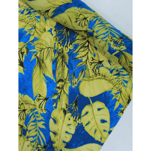 Tecido Crepe Chiffon Italiano Macro Folhas Amarelo e Azul