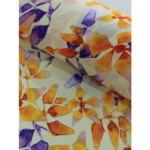 Tecido Crepe GGT Folhagens Laranja e Roxo