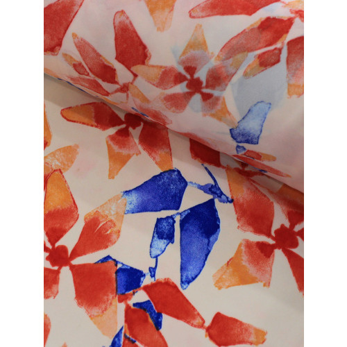 Tecido Crepe GGT Flores Abstratas Laranje a Azul