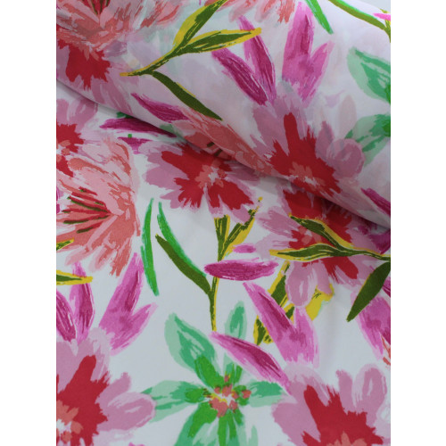 Tecido Crepe GGT Flores Tons de Rosa e Verde