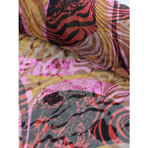 Tecido Crepe Chiffon Brocado Desenhos Abstratos Tons Terrosos e Rosa
