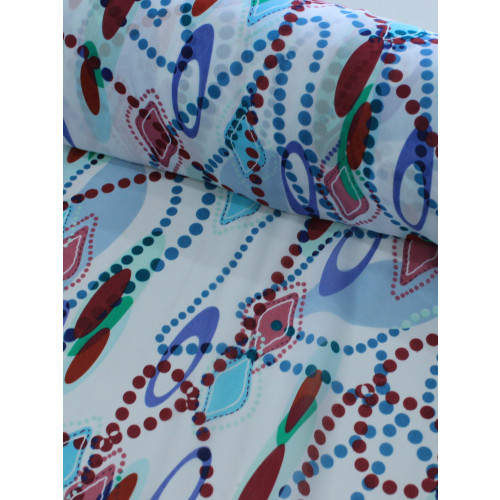 Tecido Crepe Chiffon Circulos e Pontilhados Azul e Marsala