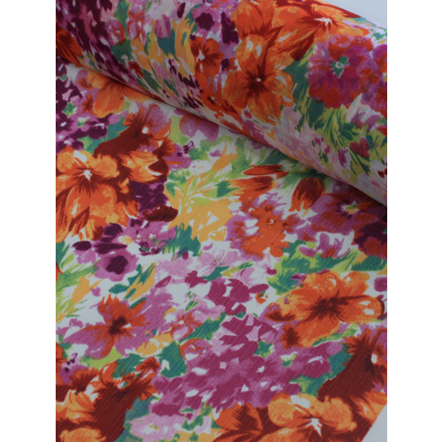 Tecido Crepe Chiffon Floral Tons de Rosa e Laranja