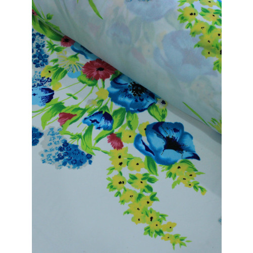 Tecido Crepe Chiffon Buque Flores Azul e Branco